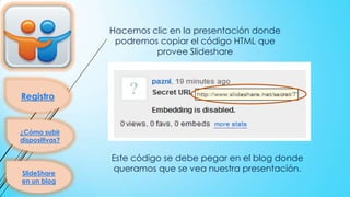 Hacemos clic en la presentación donde
podremos copiar el código HTML que
provee Slideshare

Registro

¿Cómo subir
dispositivas?

SlideShare
en un blog

Este código se debe pegar en el blog donde
queramos que se vea nuestra presentación.

 