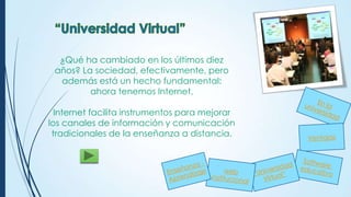 ¿Qué ha cambiado en los últimos diez
años? La sociedad, efectivamente, pero
además está un hecho fundamental:
ahora tenemos Internet.

Internet facilita instrumentos para mejorar
los canales de información y comunicación
tradicionales de la enseñanza a distancia.

 