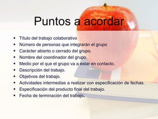 Puntos a acordar Título del trabajo colaborativo Número de personas que integrarán el grupo Carácter abierto o cerrado del grupo.  Nombre del coordinador del grupo.  Medio por el que el grupo va a estar en contacto.  Descripción del trabajo.  Objetivos del trabajo.  Actividades intermedias a realizar con especificación de fechas.  Especificación del producto final del trabajo.  Fecha de terminación del trabajo .  