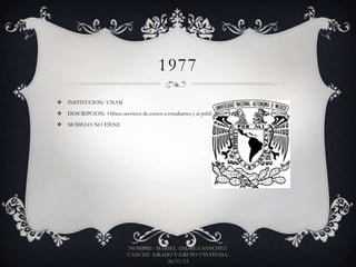 1977


INSTITUCION: UNAM



DESCRIPCION: Ofrece servicios de cursos a estudiantes y al público en general



MODELO: NO TIENE

NOMBRE : MARIEL ANDREA SANCHEZ
CANCHE GRADO Y GRUPO 1°D FECHA:
26/11/13

 