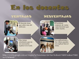 VENTAJAS                       DESVENTAJAS

              •El docente tiene                  •El profesor
               que saber mas del                  requiere de varias
               software.                          capacitaciones que
                                                  valen mucho.




              •Hay temas                         •Las aplicaciones y
               estudiados que no                  los videos pueden
               son necesarios                     no explicar bien el
               explicar en el aula.               tema.




http://www.google.com.ar/imgres?q=funciones+de+las+tic&um=1&hl=es&sa=N&b
iw=1345&bih
 
