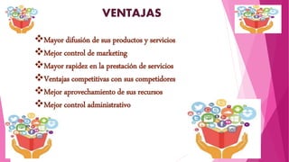 VENTAJAS
Mayor difusión de sus productos y servicios
Mejor control de marketing
Mayor rapidez en la prestación de servicios
Ventajas competitivas con sus competidores
Mejor aprovechamiento de sus recursos
Mejor control administrativo
 