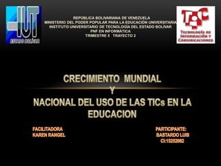 REPÚBLICA BOLIVARIANA DE VENEZUELA
MINISTERIO DEL PODER POPULAR PARA LA EDUCACIÓN UNIVERSITARIA
  INSTITUTO UNIVERSITARIO DE TECNOLOGÍA DEL ESTADO BOLÍVAR
                      PNF EN INFORMÁTICA
                   TRIMESTRE 5 TRAYECTO 2




                              .
 