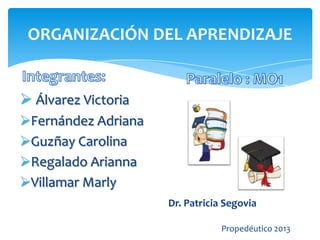  Álvarez Victoria
Fernández Adriana
Guzñay Carolina
Regalado Arianna
Villamar Marly
ORGANIZACIÓN DEL APRENDIZAJE
Dr. Patricia Segovia
Propedéutico 2013
 