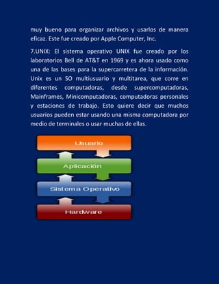 muy bueno para organizar archivos y usarlos de manera
eficaz. Este fue creado por Apple Computer, Inc.
7.UNIX: El sistema operativo UNIX fue creado por los
laboratorios Bell de AT&T en 1969 y es ahora usado como
una de las bases para la supercarretera de la información.
Unix es un SO multiusuario y multitarea, que corre en
diferentes computadoras, desde supercomputadoras,
Mainframes, Minicomputadoras, computadoras personales
y estaciones de trabajo. Esto quiere decir que muchos
usuarios pueden estar usando una misma computadora por
medio de terminales o usar muchas de ellas.

 