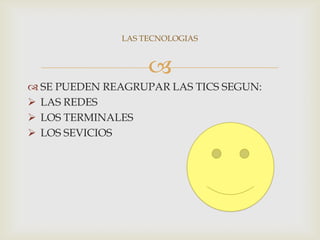 LAS TECNOLOGIAS


 SE PUEDEN REAGRUPAR LAS TICS SEGUN:
 LAS REDES
 LOS TERMINALES
 LOS SEVICIOS

 