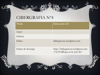 Titulo Educación 2.0
Autor
Edición
Editor lablogtacora.wordpress.com
Enlace de descarga http://lablogtacora.wordpress.com
/%C2%BFque-es-la-web-20/
CIBERGRAFIA Nº4
 