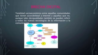 BRECHA DIGITAL
Totalidad socioeconómica entre aquellas comunidades
que tienen accesibilidad a Internet y aquellas que no,
aunque tales desigualdades también se pueden referir
a todas las nuevas tecnologías de la información y la
comunicación
 