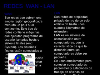 REDES WAN - LAN
WAN                           LAN
Son redes que cubren una      Son redes de propiedad
amplia región geográfica, a   privada dentro de un solo
menudo un país o un           edificio de hasta unos
continente. Este tipo de      cuantos kilómetros de
redes contiene máquinas       extensión.
que ejecutan programas de     LAN es un sistema de
usuario llamadas hosts o      comunicación entre
sistema finales (end          computadoras, con la
System). Los sistemas         característica de que la
finales están conectados a    distancia entre las
una subred de                 computadoras debe ser
comunicaciones. La función    pequeña.
de la subred es transportar   Se usan ampliamente para
los mensajes de un host a     conectar computadoras
otro.                         personales y estaciones de
                              trabajo en oficinas de
 