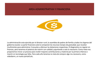 AREA ADMINSTRATIVA Y FINANCIERA




La administración esta ejercida por el director rural ,la asamblea de padres de familia y todos los órganos del
gobierno escolar. La parte financiera solo lo componen los recursos Conpes de gratuidad, que resultan
insuficientes para administrar 2 escuelas y efectuar las dotaciones respectivas. El diagnostico es regular en
finanzas, pero tenemos el potencia de invertir con calidad y apuntando a solo lo necesario. Como meta nos
proponemos iniciar un proceso para recibir mayores contribuciones y material por la primera infancia e
invertir en tecnología que falta. Para cada año tenemos la meta de comprar algo mu necesario, como
videobenn, un nuevo portatil,etc.
 