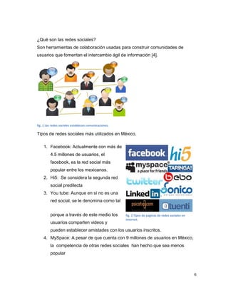 ¿Qué son las redes sociales?
Son herramientas de colaboración usadas para construir comunidades de
usuarios que fomentan el intercambio ágil de información [4].




fig. 1 Las redes sociales establecen comunicaciones.

Tipos de redes sociales más utilizados en México.

    1. Facebook: Actualmente con más de
         4.5 millones de usuarios, el
         facebook, es la red social más
         popular entre los mexicanos.
    2. Hi5: Se considera la segunda red
         social predilecta
    3. You tube: Aunque en sí no es una
         red social, se le denomina como tal


         porque a través de este medio los             fig. 2 Tipos de paginas de redes sociales en
                                                       internet.
         usuarios comparten videos y
         pueden establecer amistades con los usuarios inscritos.
    4. MySpace: A pesar de que cuenta con 9 millones de usuarios en México,
         la competencia de otras redes sociales han hecho que sea menos
         popular



                                                                                                      6
 