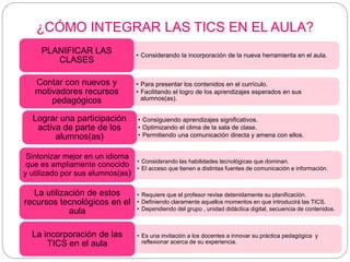 ¿CÓMO INTEGRAR LAS TICS EN EL AULA?
• Considerando la incorporación de la nueva herramienta en el aula.
PLANIFICAR LAS
CLASES
• Para presentar los contenidos en el currículo.
• Facilitando el logro de los aprendizajes esperados en sus
alumnos(as).
Contar con nuevos y
motivadores recursos
pedagógicos
• Consiguiendo aprendizajes significativos.
• Optimizando el clima de la sala de clase.
• Permitiendo una comunicación directa y amena con ellos.
Lograr una participación
activa de parte de los
alumnos(as)
• Considerando las habilidades tecnológicas que dominan.
• El acceso que tienen a distintas fuentes de comunicación e información.
Sintonizar mejor en un idioma
que es ampliamente conocido
y utilizado por sus alumnos(as)
• Requiere que el profesor revise detenidamente su planificación.
• Definiendo claramente aquellos momentos en que introducirá las TICS.
• Dependiendo del grupo , unidad didáctica digital, secuencia de contenidos.
La utilización de estos
recursos tecnológicos en el
aula
• Es una invitación a los docentes a innovar su práctica pedagógica y
reflexionar acerca de su experiencia.
La incorporación de las
TICS en el aula
 
