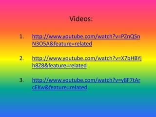Videos:http://www.youtube.com/watch?v=PZnQSnN3O5A&feature=relatedhttp://www.youtube.com/watch?v=X7bHBYjh8Z8&feature=relatedhttp://www.youtube.com/watch?v=y8F7tArcEKw&feature=related