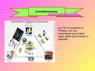 Consideraciones




                  Las TIC no suplantan al
                  Profesor; son una
                  herramienta que se debe
                  saber utilizar para enseñar a
                  aprender.
 