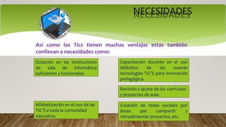 NECESIDADES
Así como las Tics tienen muchas ventajas estas también
conllevan a necesidades como:
Dotación en las instituciones
de sala de informática
suficientes y funcionales.
Capacitación docente en el uso
didáctico de las nuevas
tecnologías TIC’S para innovación
pedagógica.
áreas par compartir
Creación de redes sociales por
y
retroalimentar proyectos, etc.
Revisión y ajuste de los currículos
y proyectos de aula.
Alfabetización en el uso de las
TIC’S a toda la comunidad
educativa.
 
