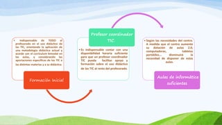 • Indispensable de TODO el
profesorado en el uso didáctico de
las TIC, orientando la aplicación de
una metodología didáctica actual y
acorde con el currículum bimodal en
las aulas, y considerando las
aportaciones específicas de las TIC a
las distintas materias y a su didáctica.
Formación Inicial
•Es indispensable contar con una
disponibilidad horaria suficiente
para que un profesor coordinador
TIC pueda facilitar apoyo y
formación sobre el uso didáctico
de las TIC al resto del profesorado.
Profesor coordinador
TIC. •Según las necesidades del centro.
A medida que el centro aumente
su dotación de aulas 2.0,
computadoras, tabletas
portátiles... disminuirá la
necesidad de disponer de estas
aulas.
Aulas de informática
suficientes
 