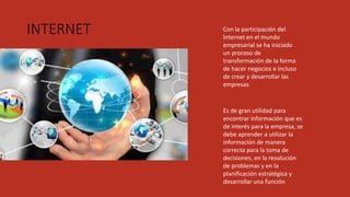 INTERNET Con la participación del
Internet en el mundo
empresarial se ha iniciado
un proceso de
transformación de la forma
de hacer negocios e incluso
de crear y desarrollar las
empresas
Es de gran utilidad para
encontrar información que es
de interés para la empresa, se
debe aprender a utilizar la
información de manera
correcta para la toma de
decisiones, en la resolución
de problemas y en la
planificación estratégica y
desarrollar una función
 