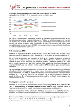 Evolución del uso de la administración electrónica según forma de 
contacto. Años 2010-2014. (% de usuarios de Internet en el último año) 
En cuanto a las causas por las que los usuarios de Internet con necesidad de enviar algún 
formulario cumplimentado a las Administraciones Públicas no lo hicieron a través de Internet 
en el último año, el 38,8% declaró que fue porque lo tramitó por Internet otra persona en su 
nombre –un gestor, un asesor fiscal, un familiar o un conocido–, el 24,0% que fue por falta 
de habilidades ó conocimientos y el 19,0% por no disponer de firma o certificado electrónico 
o por tener problemas con los mismos. 
DNI electrónico (DNIe) 
El 47,9% de la población de 16 a 74 años de edad declara disponer de DNIe. El 6,8% posee 
algún otro certificado electrónico y el 8,5% tiene lector de tarjetas con microchip electrónico. 
El 14,9% de las personas que disponen de DNIe y son usuarias de Internet en alguna 
ocasión lo han utilizado en sus relaciones con las Administraciones Públicas a través de 
Internet, el 4,9% en sus relaciones con empresas privadas a través de Internet (p. ej., para 
banca on line, seguros, etc.) y el 5,9% utiliza el DNIe para firmar documentos a través de 
Internet. El 83,2% de ese colectivo no ha usado el DNI electrónico para las actividades 
señaladas. 
Se han realizado las mismas preguntas a los usuarios que disponen de algún otro certificado 
electrónico. Si bien este colectivo es mucho menos numeroso, usa esos certificados con 
mayor intensidad. Así, el 58,2% los ha utilizado en sus relaciones con las Administraciones 
Públicas, el 21,2%, en sus relaciones con empresas y el 35,0% para firmar documentos a 
través de Internet. El 31,8% de ese colectivo no ha usado el certificado electrónico para las 
actividades señaladas. 
Participación en redes sociales 
El 67,1% de los usuarios de Internet en los últimos tres meses (el 51,1% de la población de 
16 a 74 años) participa en redes sociales de carácter general, como Facebook, Twitter o 
Tuenti, creando un perfil de usuario o enviando mensajes u otras contribuciones. 
Los más participativos son los estudiantes (92,0%) y los jóvenes de 16 a 24 años (91,3%). 
Por sexo, la participación de las mujeres (68,9%) es superior a la de los hombres (65,3%). 
Más información en INEbase – www.ine.esTodas las notas de prensa en: www.ine.es/prensa/prensa.htm 
Gabinete de prensa: Teléfonos: 91 583 93 63 / 94 08 – Fax: 91 583 90 87 - gprensa@ine.es 
Área de información: Teléfono: 91 583 91 00 – Fax: 91 583 91 58 – www.ine.es/infoine 
56,2 52,8 
58,3 56,1 60,0 
35,9 34,9 
39,6 39,6 
44,1 
24,5 25,0 
31,1 32,0 
37,1 
0 
10 
20 
30 
40 
50 
60 
70 
2010 2011 2012 2013 2014 
Obtener información 
Descargar formularios 
Enviar formularios 
 
