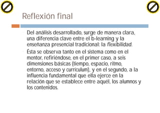 H                                                                                             H
          F-XC A N GE                                                                                   F-XC A N GE
    PD                                                                                            PD




                         !




                                                                                                                       !
                        W




                                                                                                                      W
                       O




                                                                                                                     O
                     N




                                                                                                                   N
                   y




                                                                                                                 y
                bu




                                                                                                              bu
              to




                                                                                                            to
          k




                                                                                                        k
        lic




                                                                                                      lic
    C




                                                                                                  C
w




                                                                                              w
                               m




                                                                                                                             m
    w                                                                                             w
w




                                                                                              w
                              o




                                                                                                                            o
        .d o                  .c                                                                      .d o                  .c
               c u-tr a c k                                                                                  c u-tr a c k




                                   Reflexión final
                                   ¨   Del análisis desarrollado, surge de manera clara,
                                       una diferencia clave entre el b-learning y la
                                       enseñanza presencial tradicional: la flexibilidad.
                                   ¨   Ésta se observa tanto en el sistema como en el
                                       mentor, refiriéndose, en el primer caso, a seis
                                       dimensiones básicas (tiempo, espacio, ritmo,
                                       entorno, acceso y currículum), y en el segundo, a la
                                       influencia fundamental que ella ejerce en la
                                       relación que se establece entre aquél, los alumnos y
                                       los contenidos.
 