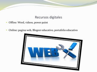 Recursos digitales
 Offine: Word, videos, power paint
 Online: pagina web, Blogeer educativo, portafolio educativo
 