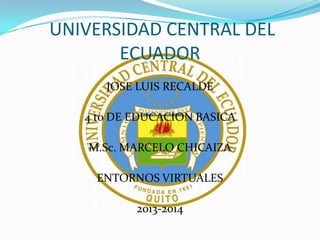 UNIVERSIDAD CENTRAL DEL
ECUADOR
JOSE LUIS RECALDE
4 to DE EDUCACION BASICA
M.Sc. MARCELO CHICAIZA
ENTORNOS VIRTUALES
2013-2014
 