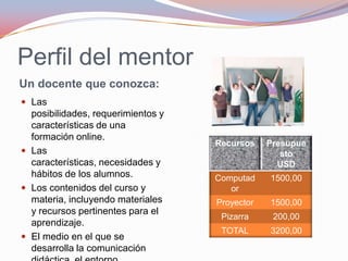 Perfil del mentorUn docente que conozca:Las posibilidades, requerimientos y características de una formación online.Las características, necesidades y hábitos de los alumnos.Los contenidos del curso y materia, incluyendo materiales y recursos pertinentes para el aprendizaje.El medio en el que se desarrolla la comunicación didáctica, el entorno comunicativo.