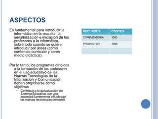 ASPECTOSEs fundamental para introducir la informática en la escuela, la sensibilización e iniciación de los profesores a la informática, sobre todo cuando se quiere introducir por áreas (como contenido curricular y como medio didáctico).Por lo tanto, los programas dirigidos a la formación de los profesores en el uso educativo de las Nuevas Tecnologías de la Información y Comunicación deben proponerse como objetivosContribuir a la actualización del Sistema Educativo que una sociedad fuertemente influida por las nuevas tecnologías demanda