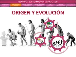 CONCLUSIONES RECOMENDACIONES
RECOLECCIÓN
DE DATOS
ANÁLISIS DE
RESULTADOS
MARCO
TEÓRICO
MARCO
METODOLÓGICOOBJETIVOS EL PROBLEMA
TECNOLOGÍA DE INFORMACIÓN Y COMUNICACIÓN
Introducción y
contenido
Origen, evolución y
definición
Objetivos, importancias
y características
Ventajas, desventajas y
aplicación
Tipos y
programas
Las tics en
educación y avance
CONCLUSIONES
 
