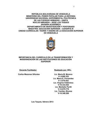 2



            REPÚBLICA BOLIVARIANA DE VENEZUELA
       MINISTERIO DEL PODER POPULAR PARA LA DEFENSA
      UNIVERSIDAD NACIONAL EXPERIMENTAL POLITÉCNICA
              DE LAS FUERZAS ARMADAS – UNEFA
             NÚCLEO MIRANDA – SEDE LOS TEQUES
                     DIVISIÓN ACADÉMICA
        DEPARTAMENTO DE INVESTIGACIÓN Y POSTGRADO
         MAESTRÍA: EDUCACIÓN SUPERIOR – COHORTE III
UNIDAD CURRICULAR: TEORÍA Y DISEÑO DE LA EDUCACIÓN SUPERIOR
                        EN VENEZUELA




IMPORTANCIA DEL CURRÍCULO EN LA TRANSFORMACIÓN Y
 MODERNIZACIÓN DE LAS INSTITUCIONES DE EDUCACIÓN
                    SUPERIOR



 Docente Facilitador:                    Realizado por: MSc.

Carlos Mezones Sifontes               Lic. María M. Moreno
                                            V- 8.680.325
                                     Lic. María E. Fernández
                                            V- 5.570.422
                                     Lic. Virginia Valdivieso
                                           V-10.333.452
                                       Lic. Marbelis Parilli
                                           V-12.879.779
                                       Lic. Yamilec Álvarez
                                           V-10.346.200



              Los Teques, febrero 2013
 