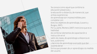 Se conoce como aquel que combina la
educación presencial y
la educación a distancia, de manera tal, que
ambas experiencias
de aprendizaje son imprescindibles para
completar con
éxito los objetivos de aprendizaje, (Lozano y
Burgos, 2007).
Por su parte, Mortera (2007) menciona que es la
habilidad
de combinar elementos de capacitación e
instrucción en el
salón de clases, de aprendizaje a distancia en
vivo, autónomo
y servicios de aprendizaje avanzado que dan
soporte de tal
forma que proveen de un aprendizaje a la medida
del usuario.
 