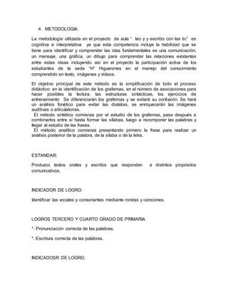 4. METODOLOGIA:
La metodología utilizada en el proyecto de aula “ leo y y escribo con las tic” es
cognitiva e interpretativa ya que esta competencia incluye la habilidad que se
tiene para identificar y comprender las idas fundamentales es una comunicación,
un mensaje, una gráfica, un dibujo para comprender las relaciones existentes
entre estas ideas incluyendo así en el proyecto la participación activa de los
estudiantes de la sede “H” Higuerones en el manejo del conocimiento
comprendido en texto, imágenes y videos.
El objetivo principal de este método es la simplificación de todo el proceso
didáctico: en la identificación de los grafemas, en el número de asociaciones para
hacer posibles la lectura, las estructuras sintácticas, los ejercicios de
entrenamiento Se diferenciarán los grafemas y se evitará su confusión. Se hará
un análisis fonético para evitar las dislalias, se enriquecerán las imágenes
auditivas o articulatorias.
El método sintético comienza por el estudio de los grafemas, pasa después a
combinarlos entre sí hasta formar las sílabas, luego a recomponer las palabras y
llegar al estudio de las frases.
El método analítico comienza presentando primero la frase para realizar un
análisis posterior de la palabra, de la sílaba o de la letra.
ESTANDAR:
Produzco textos orales y escritos que respondan a distintos propósitos
comunicativos.
INDICADOR DE LOGRO:
Identificar las vocales y consonantes mediante rondas y canciones.
LOGROS TERCERO Y CUARTO GRADO DE PRIMARIA
*. Pronunciación correcta de las palabras.
*. Escritura correcta de las palabras.
INDICADOSR DE LOGRO.
 
