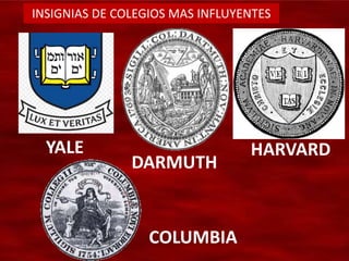 INSIGNIAS DE COLEGIOS MAS INFLUYENTES
YALE
DARMUTH
HARVARD
COLUMBIA
 