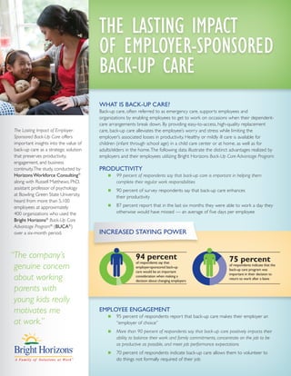 The Lasting Impact of Employer-
Sponsored Back-Up Care offers
important insights into the value of
back-up care as a strategic solution
that preserves productivity,
engagement, and business
continuity.The study, conducted by
HorizonsWorkforce Consulting®
along with Russell Matthews, PhD,
assistant professor of psychology
at Bowling Green State University,
heard from more than 5,100
employees at approximately
400 organizations who used the
Bright Horizons®
Back-Up Care
Advantage Program®
(BUCA®
)
over a six-month period.
The Lasting Impact
of Employer-Sponsored
Back-Up Care
What is Back-Up Care?
Back-up care, often referred to as emergency care, supports employees and
organizations by enabling employees to get to work on occasions when their dependent-
care arrangements break down. By providing easy-to-access, high-quality replacement
care, back-up care alleviates the employee’s worry and stress while limiting the
employer’s associated losses in productivity. Healthy or mildly ill care is available for
children (infant through school age) in a child care center or at home, as well as for
adults/elders in the home.The following data illustrate the distinct advantages realized by
employers and their employees utilizing Bright Horizons Back-Up Care Advantage Program:
Productivity
„„ 99 percent of respondents say that back-up care is important in helping them
complete their regular work responsibilities
„„ 90 percent of survey respondents say that back-up care enhances
their productivity
„„ 87 percent report that in the last six months they were able to work a day they
otherwise would have missed — an average of five days per employee
“The company’s
genuine concern
about working
parents with
young kids really
motivates me
at work.”
Increased Staying Power
Employee Engagement
„„ 95 percent of respondents report that back-up care makes their employer an
“employer of choice”
„„ More than 90 percent of respondents say that back-up care positively impacts their
ability to balance their work and family commitments, concentrate on the job to be
as productive as possible, and meet job performance expectations
„„ 70 percent of respondents indicate back-up care allows them to volunteer to
do things not formally required of their job
75 percent
of respondents indicate that the
back-up care program was
important in their decision to
return to work after a leave
94 percent
of respondents say that
employer-sponsored back-up
care would be an important
consideration when making a
decision about changing employers
 