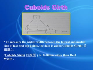 To measure the widest width between the lateral and medial side of last heel top points, the data is called  Cuboids Girth( 后跟围 ) 。 Cuboids Girth( 后跟围 )   is  8-10mm wider than Heel Width 。 Cuboids Girth 