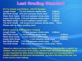 # 1 ) For Infants and Children , C 0 -C12 Genders. Length Grade 1/3 inch between whole sizes 8.46mm Ball Girth Grade  3/16 inch between whole sizes 4.76mm Waist Girth Grade   3/16 inch between whole sizes 4.76mm Instep Girth Grade   1/16 inch between whole sizes 4.76mm Ball White Grade 1/16 inch between whole sizes 1.58mm  Toe Girth Grade 1/32 (scan) inch between whole sizes.  75mm  Please refer to below grading chart: # 2 ) For Junior, & W/M Genders’ Grading. Length Grade  1/3 inch between whole sizes 8.46mm Ball Girth Grade   ¼ inch between whole sizes   6.35mm Waist Girth Grade   ¼ inch between whole sizes 6.35mm Instep Girth Grade     ¼ inch between whole sizes   6.35mm Ball Width Grade   1/12 inch between whole sizes 2.12mm Toe Girth Grade   1/32 (scan) inch between whole sizes. 75mm Based on above we have size breaks for kids last for infant/toddler's size0-8, for children  fm 8.5-13.5 and 1-6 for junior ( Athletic kid's last break standard). which  is very important for kid's shoes to be followed to give our next generation a healthy condition for foot bone development  ,as foot is the base of the last, last is the soul for shoe making.  Last Grading Standard 