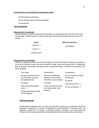 11
Condiciones para que la formulación de preguntas sea exitosa:
Ambiente positivo de aprendizaje
Tiempo adecuado para que los alumnos respondan
No interrupciones
Tipos de preguntas
Preguntas sobre lo memorizado:
Mediante este tipo de pregunta se le está pidiendo al estudiante que recuerde algún punto de la información ya sea
reconociéndola o haciendo memoria. Se busca recordar algún elemento básico necesario para tratar el tema. Por
ejemplo:
Hechos:
¿Quién hizo...?
¿Qué son...?
¿Cuándo ocurrió?
Definición de términos:
¿Qué significa?
Preguntas sobre lo comprendido:
Desarrolla la habilidad comprensiva de los alumnos respecto a la información expuesta. Se espera que entiendan lo
que se les ha informado y puedan hacer uso del material o las ideas que se les ha proporcionado. La habilidad que
tenga el estudiante para contestar una pregunta sobre lo comprendido indicará si realmente lo ha entendido. Hay 3
tipos de preguntas:
Traducciones:
Para que el estudiante traduzca
una comunicación que tenga
más significado para él.
Por ejemplo:
Dime con tus propias palabras,
¿cómo.....?
¿Puedes explicarme qué sucede
con este diagrama?
Interpretaciones:
Promueve la habilidad para
interpretar una comunicación
reordenando un grupo de ideas.
Por ejemplo:
¿Todos los servidores se crean
de la misma manera?, ¿qué
piensas tú?
Comparaciones:
Permite contrastar y comparar
dos conceptos
Por ejemplo:
¿Qué tiene en común... y...?
¿En qué se diferencian…?
- Preguntas aplicadas
Permite evaluar la habilidad de usar una porción de la información cuando es de uso específico a otro tipo de
situaciones o problemas de la vida real. La efectividad de su clase dependerá de la manera cómo sus
estudiantes puedan traer a la memoria la información recibida en situaciones que nunca tuvieron que
enfrentar durante el proceso de aprendizaje. Permite establecer inferencias, implicaciones y consecuencias.
 