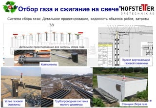 page 9
“ ”Отбор газа и сжигание на свече”
Система сбора газа: Детальное проектирование, ведомость объемов работ, затраты
Станция сбора газа
Устье газовой
скважины
Трубопроводная система
малого диаметра
Проект вертикальной
газовой скважины
Детальное проектирование для системы сбора газа
Компоненты
 
