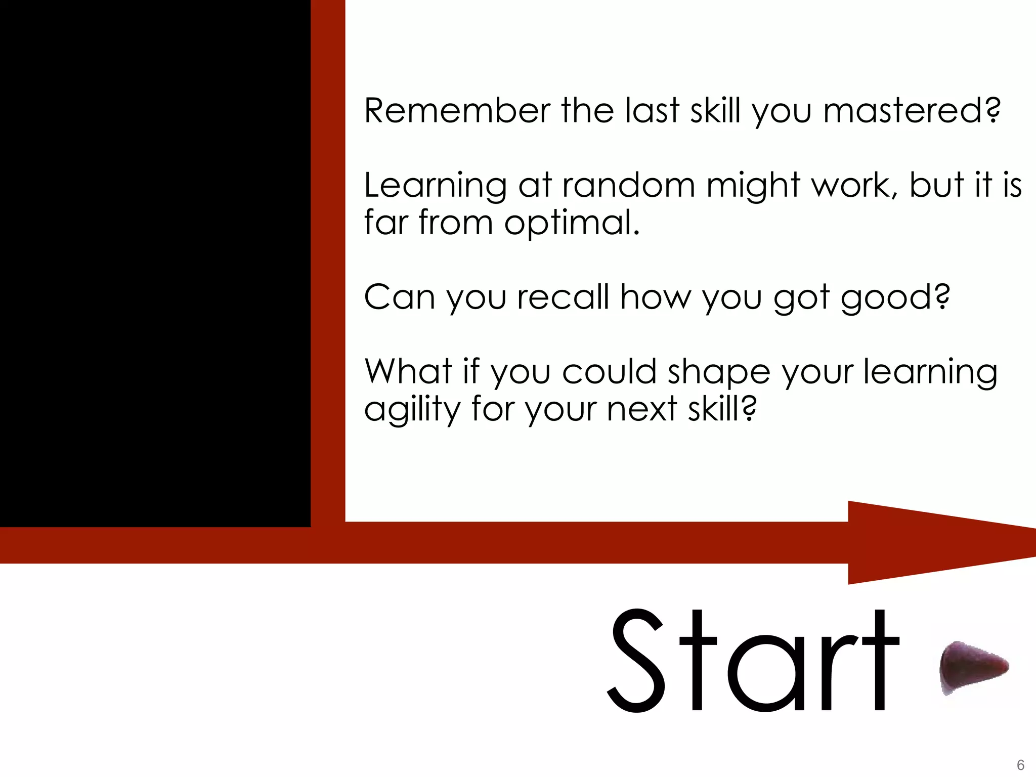 Start Remember the last skill you mastered? Learning at random might work, but it is far from optimal. Can you recall how you got good? What if you could shape your learning agility for your next skill? 