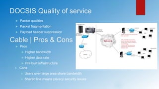 DOCSIS Quality of service
 Packet qualities
 Packet fragmentation
 Payload header suppression
Cable | Pros & Cons
 Pros
 Higher bandwidth
 Higher data rate
 Pre built infrastructure
 Cons
 Users over large area share bandwidth
 Shared line means privacy security issues
 