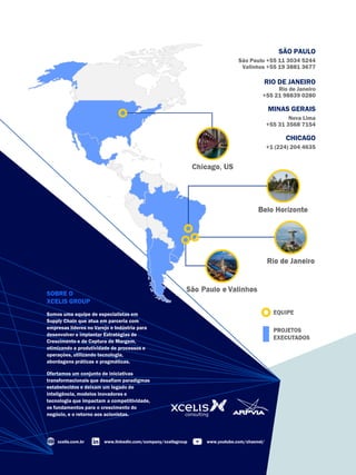 SÃO PAULO
São Paulo +55 11 3034 5244
Valinhos +55 19 3881 3677
RIO DE JANEIRO
Rio de Janeiro
+55 21 98839 0280
MINAS GERAIS
Nova Lima
+55 31 3568 7154
CHICAGO
+1 (224) 204 4635
xcelis.com.br www.linkedin.com/company/xcelisgroup www.youtube.com/channel/
SOBRE O
XCELIS GROUP
Somos uma equipe de especialistas em
Supply Chain que atua em parceria com
empresas líderes no Varejo e Indústria para
desenvolver e implantar Estratégias de
Crescimento e de Captura de Margem,
otimizando a produtividade de processos e
operações, utilizando tecnologia,
abordagens práticas e pragmáticas.
Ofertamos um conjunto de iniciativas
transformacionais que desafiam paradigmas
estabelecidos e deixam um legado de
inteligência, modelos inovadores e
tecnologia que impactam a competitividade,
os fundamentos para o crescimento do
negócio, e o retorno aos acionistas.
 
