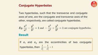 Two hyperbolas, such that the transverse and conjugate
axes of one, are the conjugate and transverse axes of the
other, respectively, are called conjugate hyperbolas.
Conjugate Hyperbolas
Result
If e1 and e2 are the eccentricities of two conjugate
hyperbolas, then
 