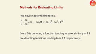 We have indeterminate forms,
(Here 0 is denoting a function tending to zero, similarly ∞ & 1
are denoting functions tending to ∞ & 1 respectively).
Methods for Evaluating Limits
 