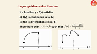 Lagrange Mean value theorem
If a function y = f(x) satisfies
(i) f(x) is continuous in [a, b]
(ii) f(x) is differentiable in (a, b)
Then there exist such that
 