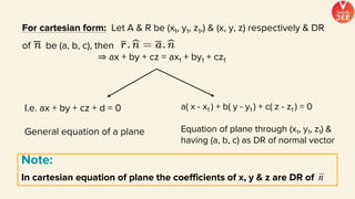 For cartesian form: Let A & R be (x1, y1, z1,) & (x, y, z) respectively & DR
of be (a, b, c), then
Note:
In cartesian equation of plane the coefficients of x, y & z are DR of
⇒ ax + by + cz = ax1 + by1 + cz1
I.e. ax + by + cz + d = 0
General equation of a plane
a( x - x1 ) + b( y - y1 ) + c( z - z1 ) = 0
Equation of plane through (x1, y1, z1) &
having (a, b, c) as DR of normal vector
 