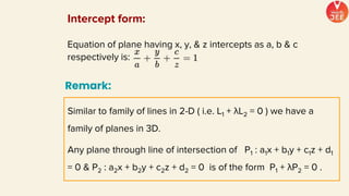 Equation of plane having x, y, & z intercepts as a, b & c
respectively is:
Intercept form:
Similar to family of lines in 2-D ( i.e. L1 + λL2 = 0 ) we have a
family of planes in 3D.
Any plane through line of intersection of P1 : a1x + b1y + c1z + d1
= 0 & P2 : a2x + b2y + c2z + d2 = 0 is of the form P1 + λP2 = 0 .
Remark:
 