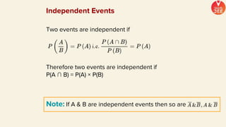 Two events are independent if
Therefore two events are independent if
P(A ∩ B) = P(A) × P(B)
Note: If A & B are independent events then so are
Independent Events
 