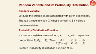 Random Variable:
Let S be the sample space associated with given experiment.
The real valued function ‘X’ whose domain is S is called a
random variable.
Probability Distribution Function:
If a random variable takes value x1, x2, …., xn with respective
probabilities P1, P2, …., Pn. Then
is called Probability Distribution Function of ‘x’.
Random Variable and its Probability Distribution
 
