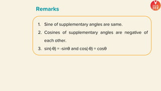 1. Sine of supplementary angles are same.
2. Cosines of supplementary angles are negative of
each other.
3. sin(-θ) = -sinθ and cos(-θ) = cosθ
Remarks
 
