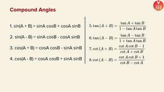 Compound Angles
1. sin(A + B) = sinA cosB + cosA sinB
2. sin(A - B) = sinA cosB - cosA sinB
3. cos(A + B) = cosA cosB - sinA sinB
4. cos(A - B) = cosA cosB + sinA sinB
 