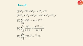 Result
(1) nC0 + nC1 + nC2 +...+ nCn = 2n
(2) nC0 + nC2 + nC4 +... = nC1 + nC3 + nC5 +...
 